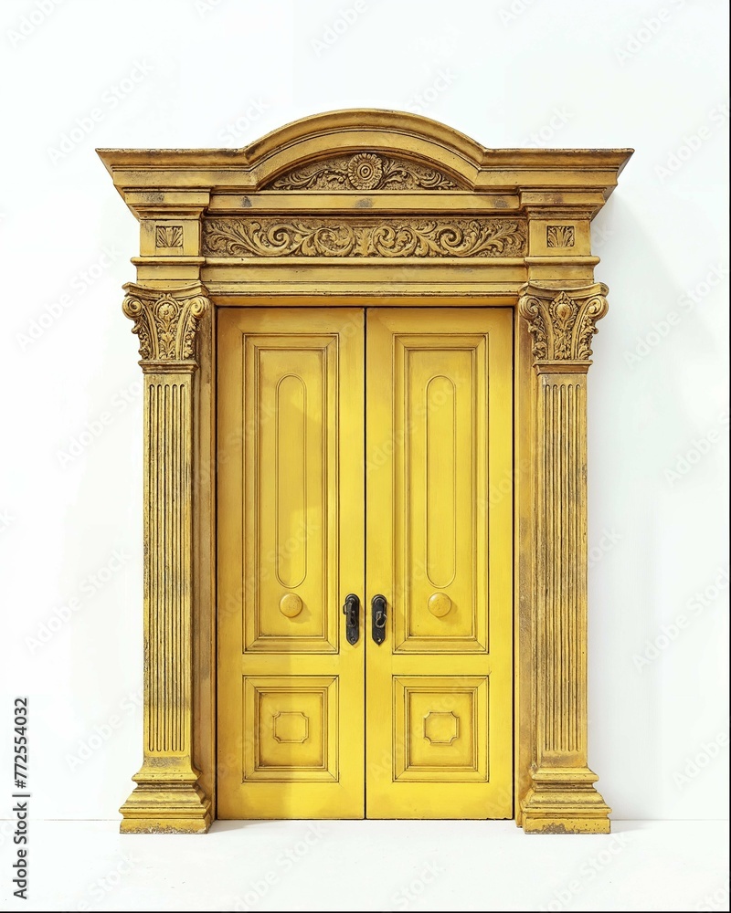 3d rendering of black and gold door with white background, door frame. The top is made from solid wood, while the bottom half features a golden border. It has two doors that open to reveal an entrance