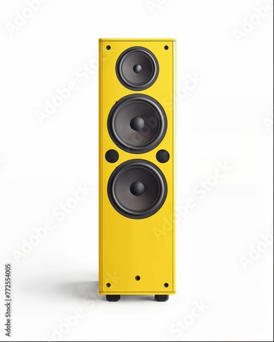 a yellow floor standing bookshelf with two big speakers, product photography, white background, studio lighting, front view (ID: 772554005)