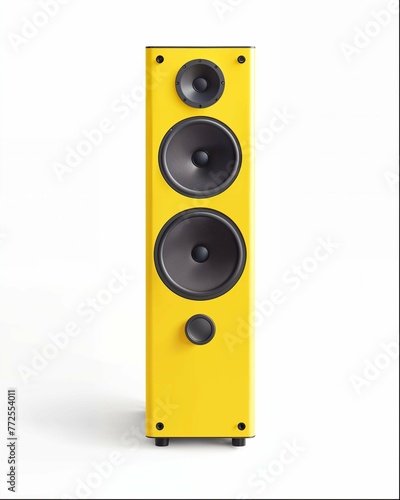 a yellow floor standing bookshelf with two big speakers, product photography, white background, studio lighting, front view (ID: 772554011)