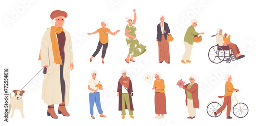 Casual elderly woman cartoon characters big set attractive grandmother lifestyle vector illustration