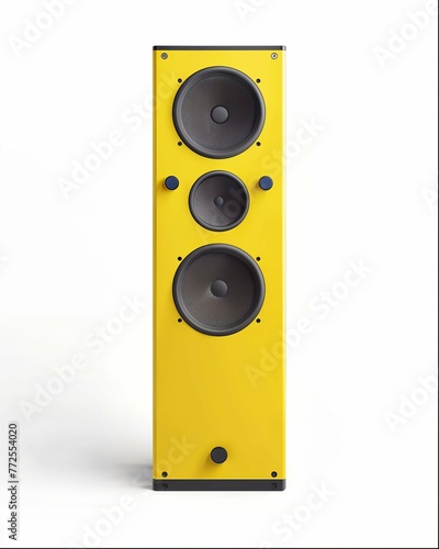 a yellow floor standing bookshelf with two big speakers, product photography, white background, studio lighting, front view (ID: 772554020)