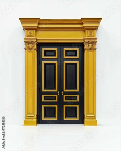 3d rendering of black and gold door with white background, door frame. The top is made from solid wood, while the bottom half features a golden border. It has two doors that open to reveal an entrance (ID: 772554030)