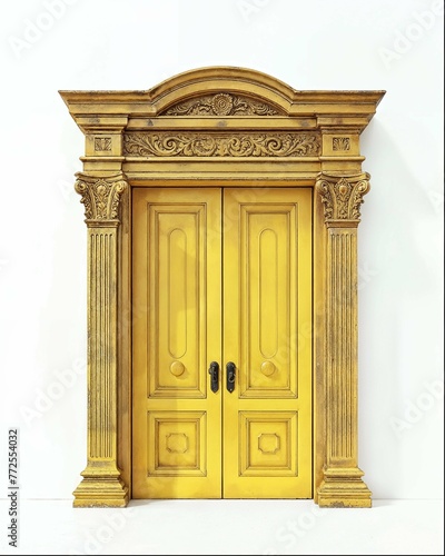 3d rendering of black and gold door with white background, door frame. The top is made from solid wood, while the bottom half features a golden border. It has two doors that open to reveal an entrance (ID: 772554032)