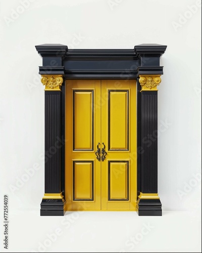 3d rendering of black and gold door with white background, door frame. The top is made from solid wood, while the bottom half features a golden border. It has two doors that open to reveal an entrance (ID: 772554039)