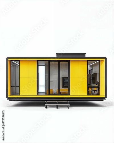 a small yellow and black mobile home with sliding doors on wheels, designed in the style of frank gerryman, 3d render, architectural rendering, modernist design,  industrial interior design (ID: 772554063)