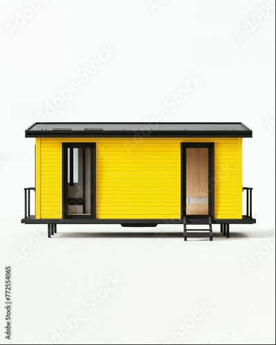 a small yellow and black mobile home with sliding doors on wheels, designed in the style of frank gerryman, 3d render, architectural rendering, modernist design,  industrial interior design (ID: 772554065)