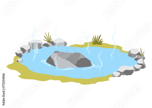 Japanese outdoor onsen pool with hot spring water vector illustration. Cartoon isolated traditional pond with rocks of spa resort in Japan  natural geothermal onsen bath for relax and bathing