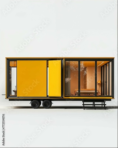 a small yellow and black mobile home with sliding doors on wheels, designed in the style of frank gerryman, 3d render, architectural rendering, modernist design,  industrial interior design (ID: 772554076)