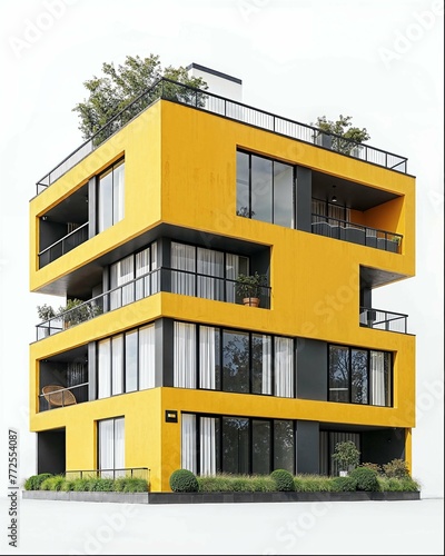 architectural rendering, three story modern apartment building with yellow panels and black windows, angled view, side perspective, white background, greenery on roof terrace, octane render (ID: 772554087)