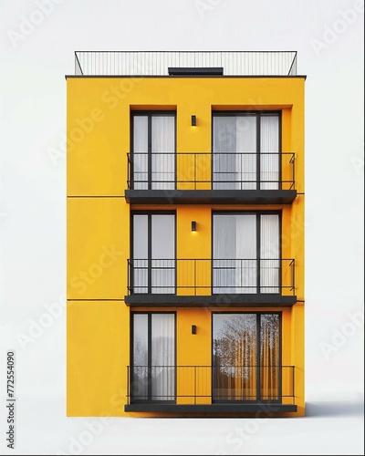 architectural rendering, three story modern apartment building with yellow panels and black windows, angled view, side perspective, white background, greenery on roof terrace, octane render (ID: 772554090)