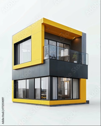 architectural rendering, three story modern apartment building with yellow panels and black windows, angled view, side perspective, white background, greenery on roof terrace, octane render (ID: 772554097)