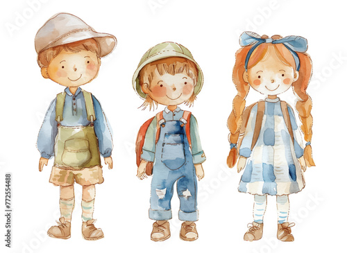 Set of watercolor children in full growth. Vector girl and two boys schoolchildren