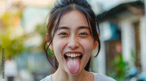happy asian woman sticking tongue out photo