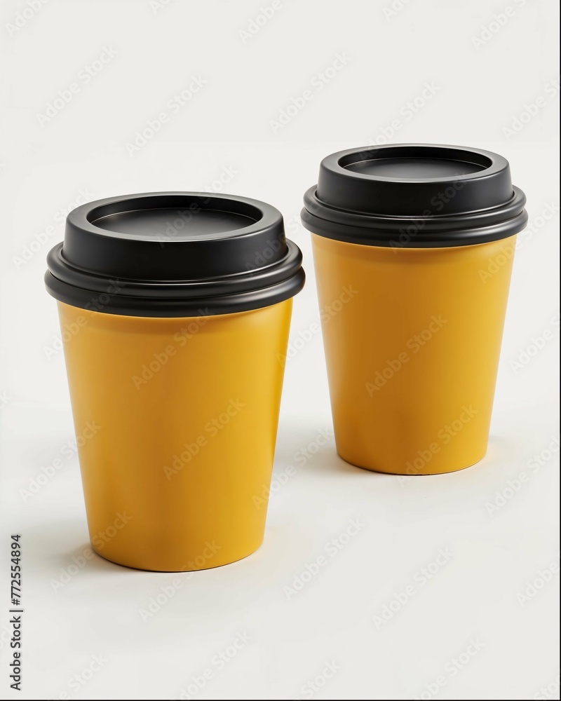 2 yellow paper coffee cups with black plastic lid, front view, white background, high resolution photography 2 yellow paper coffee cups with black plastic lid, front view, white background, high resolution photography