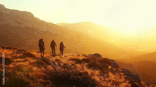 adventure as a group of friends embark on a challenging hike through rugged mountain terrain, their faces illuminated by the golden hues of a picturesque sunset © Tasriv