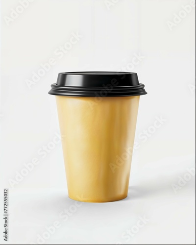 A yellow paper coffee cup with a black lid on a white background, mockup design template in the style of a top photographer and artist, with clean, sharp focus and no blur effect. (ID: 772555032)