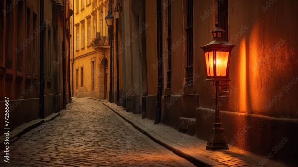A lantern, affixed to a structure, casting a glow on a deserted Kraków alley. - obrazy, fototapety, plakaty 