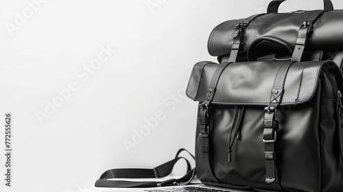 An image of a laptop and black backpacks close up on a white background photo