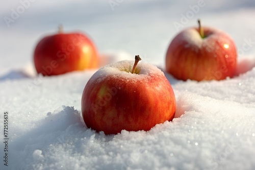 Red apples covered with hoarfrost lie on white snow under the winter sun. © Світлана Остиста