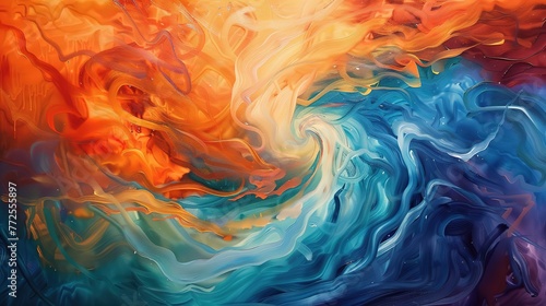 A colorful abstract painting with a blue and orange swirl. The painting is full of energy and movement, with the blue and orange colors blending together to create a dynamic and vibrant scene