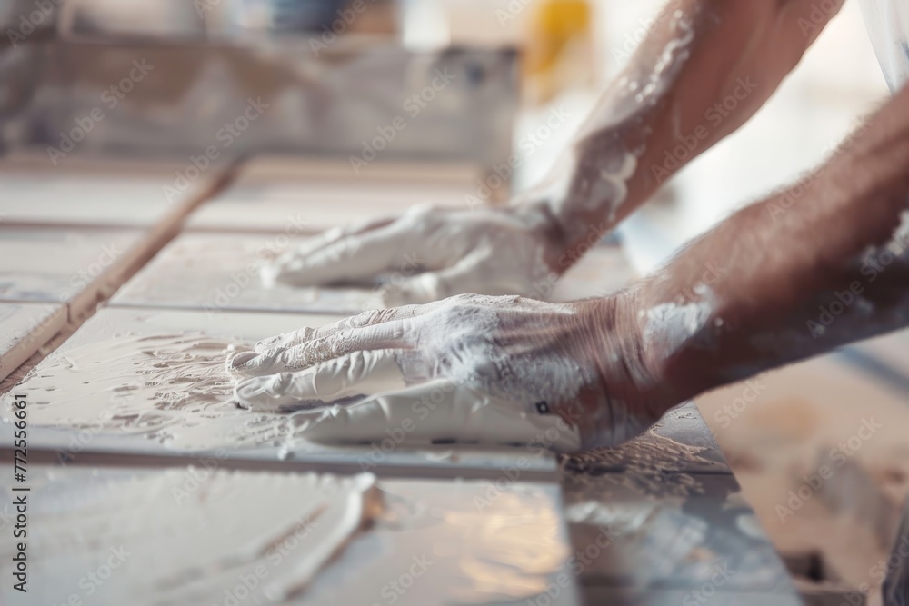 Close-up of worker's hands installing ceramic tiles with precision Close-up of worker's hands installing ceramic tiles with precision