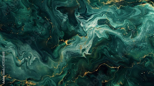 Dark green waves mimic an abstract ocean with golden foamy crests in an acrylic fluid art technique, offering a marbled effect background