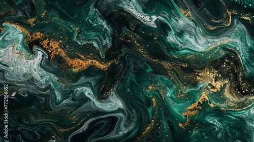 Dark green waves mimic an abstract ocean with golden foamy crests in an acrylic fluid art technique, offering a marbled effect background