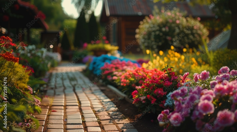 Blooming flowerbeds on farm house backyard. Background concept