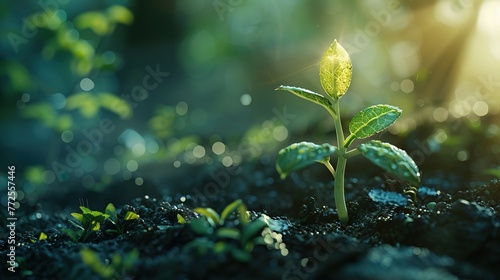 Plant growth, business concept background - Closeup of growing little green sprout appearing from the ground. Awakening of the nature in spring, illuminated by the sun generative ai