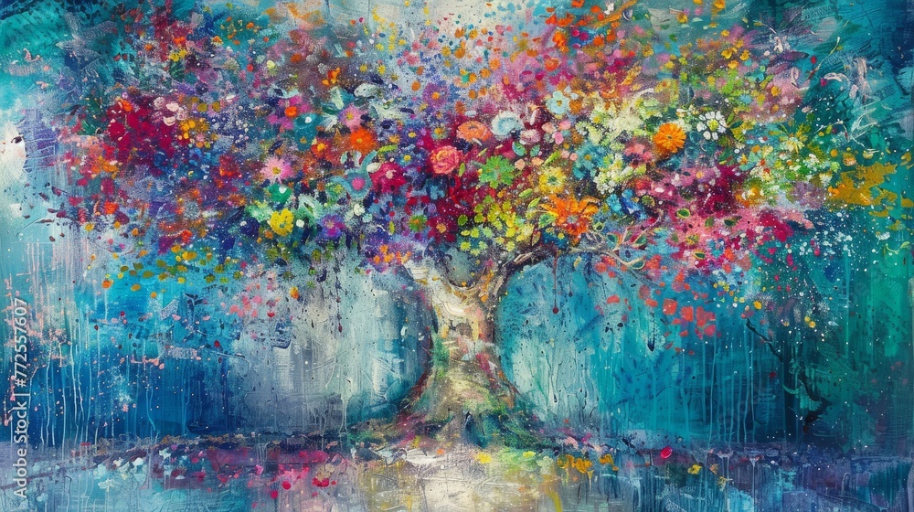 a painting of a tree with lots of colorful flowers on it's trunk and leaves on it's trunk.