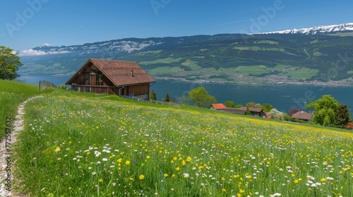 a house sitting on top of a hill next to a lush green hillside covered in lots of wildflowers.
