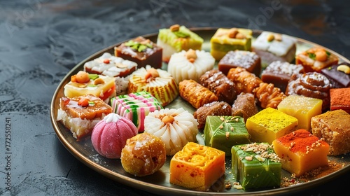 Various flavor indian sweets in plate festive & sweet conceot generative ai photo