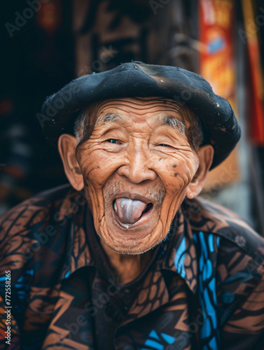 happy old asian grandpa sticking tongue out