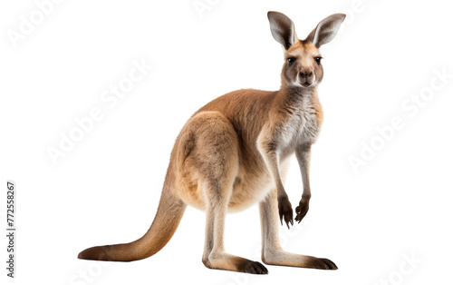 A kangaroo gracefully stands on its powerful hind legs in a striking display of strength and balance