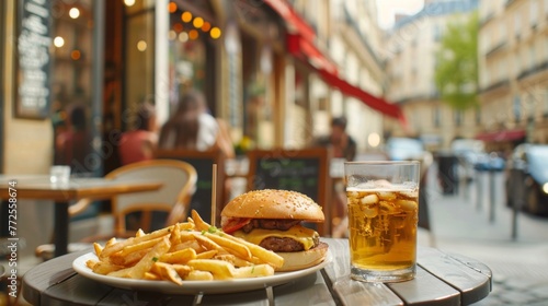 Burger and french fries on street cafe table. Background concept