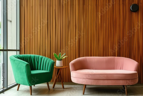 Modern living room interior with green armchair and pink sofa