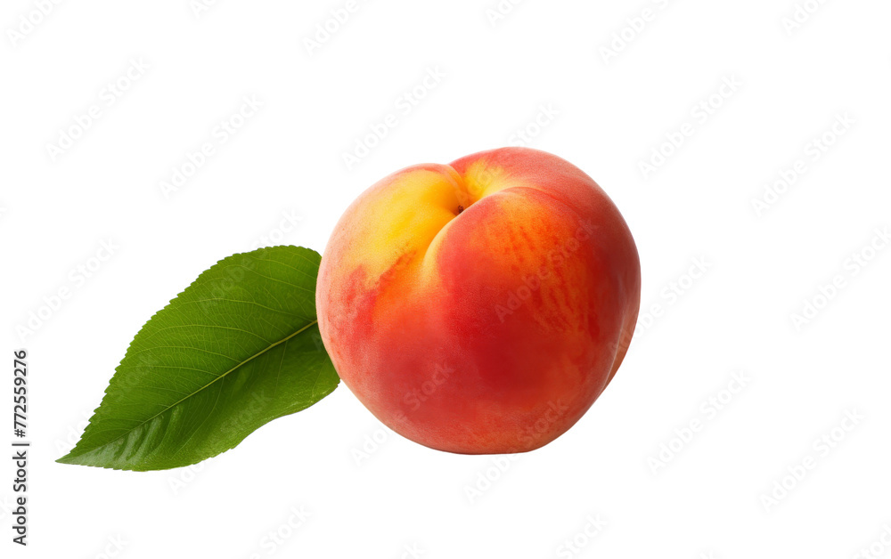A ripe peach with a vibrant green leaf resting on a clean white background A ripe peach with a vibrant green leaf resting on a clean white background