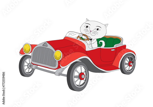 Cute cartoon illustration of a cat in a classic car
