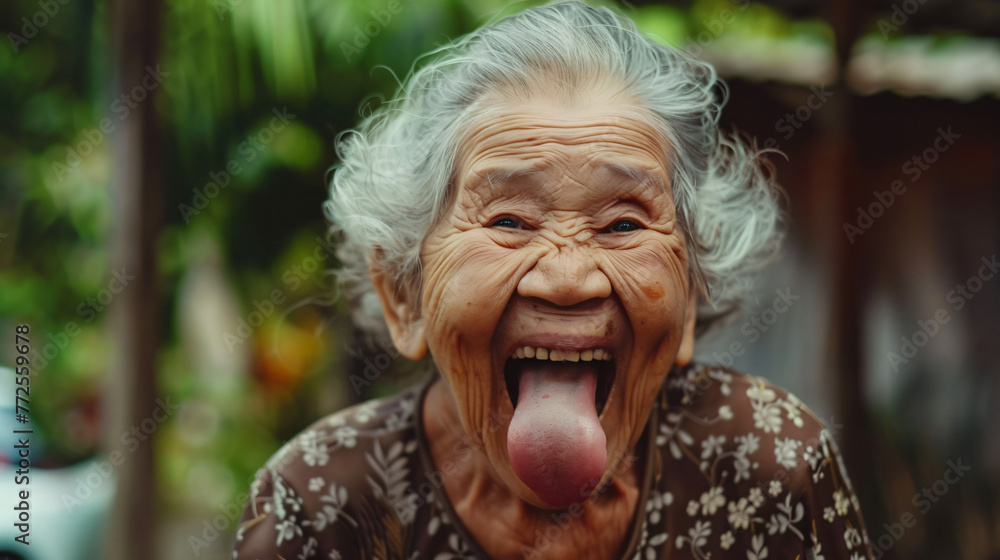happy old asian grandma sticking tongue out