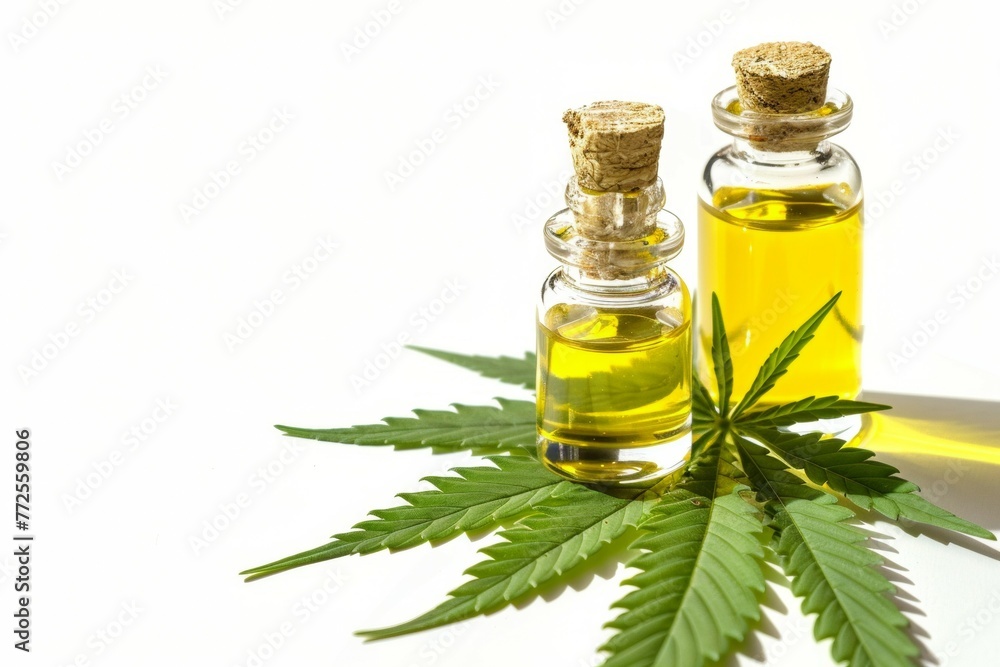Two bottles of cannabis oil are on a leafy green plant Two bottles of cannabis oil are on a leafy green plant
