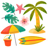 Ilustración de set de íconos de verano con palmera y playa