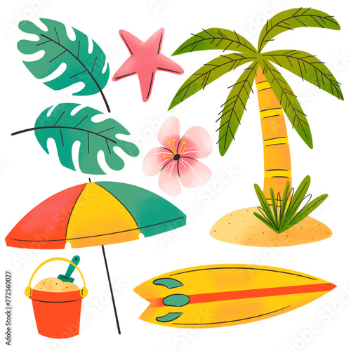 Ilustración de set de íconos de verano con palmera y playa