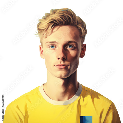 A young man with blonde hair and blue eyes is dressed in a yellow sports jersey. His forehead, nose, face, chin, and eyebrows stand out on his athletic human body on transparent