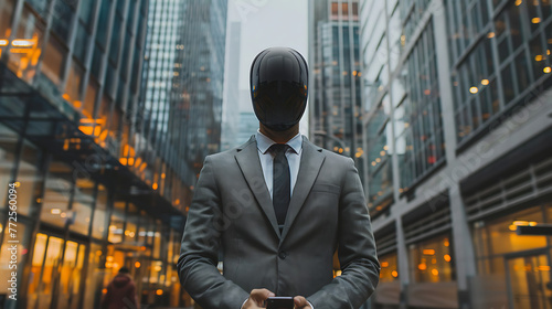 a person in a grey suit, standing outdoors. Their face is obscured, likely for privacy reasons