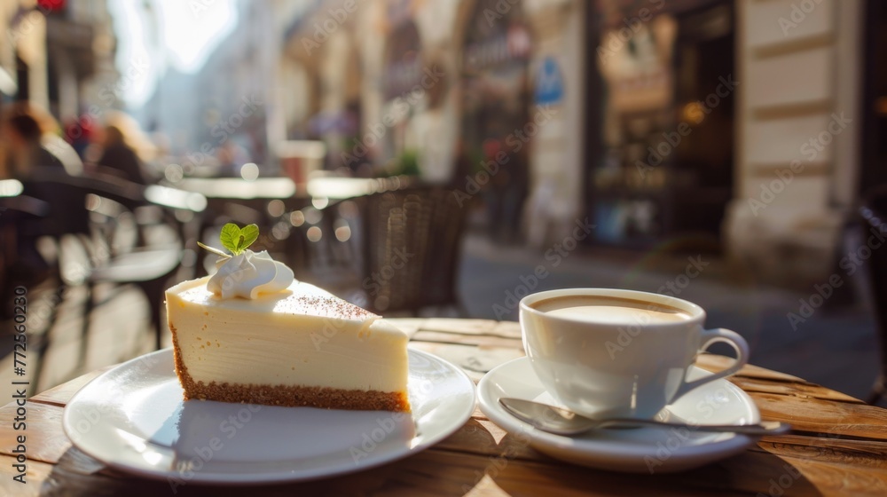 Cheesecake dessert and cup of coffee on table in street cafe. Background concept Cheesecake dessert and cup of coffee on table in street cafe. Background concept