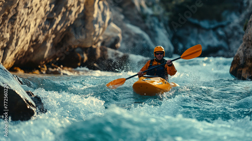 Kayaker Paddling The Rapids of A Beautiful Mountain River. Generative AI. © Andy Dean