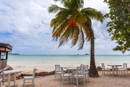 Seychelles seaside view with white wooden tables and chairs under coconut palms