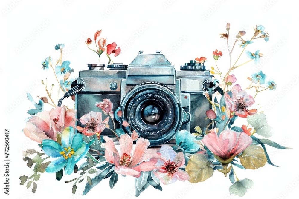 Camera in the presence of flowers. Watercolor illustration isolated on white background - obrazy, fototapety, plakaty 