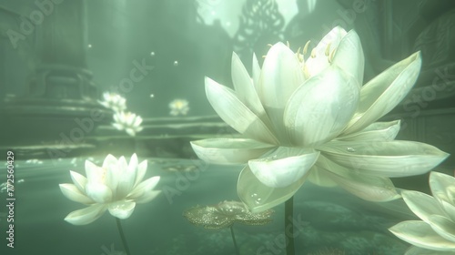 a group of white water lilies floating on top of a body of water next to a lush green forest.