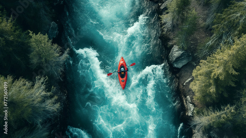 Aerial View of A Kayaker Paddling The Rapids of a Beautiful Mountain River. Generative AI. photo